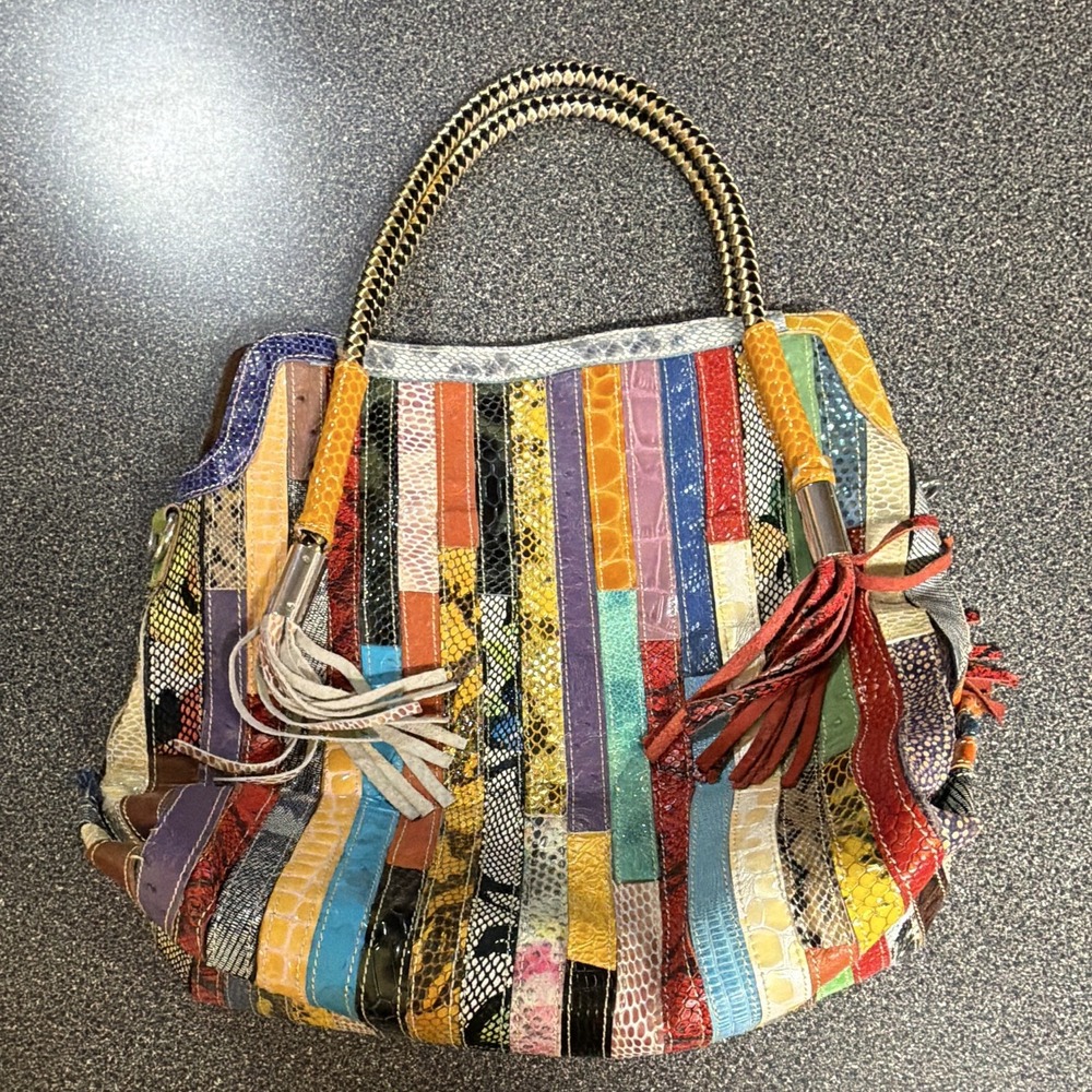 Patchwork Leather Snake Embossed Handbag Tassels Boho Hippie Festival Purse